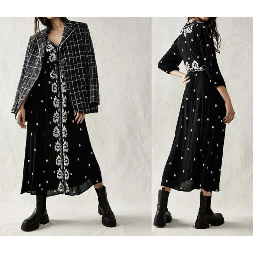 Free people L Embroidered Fable Midi Dress in Black White NWT New